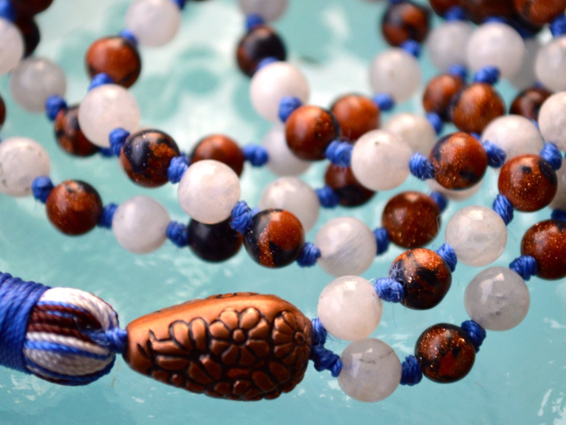 Moonstone & Goldstone Hand Knotted Mala Beads Necklace - Karma, Nirvana, Meditation 8mm 108 Prayer Beads For Chanting and Awakening Chak