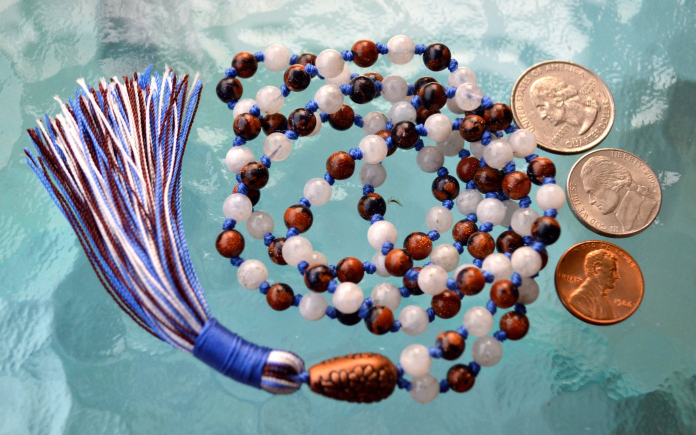 Moonstone & Goldstone Hand Knotted Mala Beads Necklace - Karma, Nirvana, Meditation 8mm 108 Prayer Beads For Chanting and Awakening Chak
