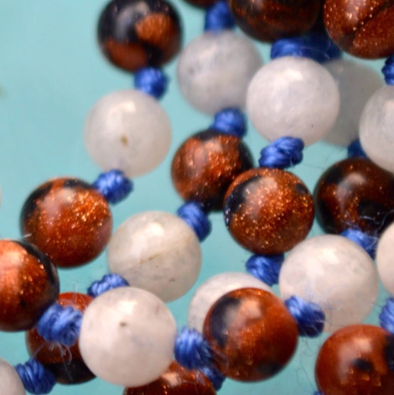 Moonstone & Goldstone Hand Knotted Mala Beads Necklace - Karma, Nirvana, Meditation 8mm 108 Prayer Beads For Chanting and Awakening Chak