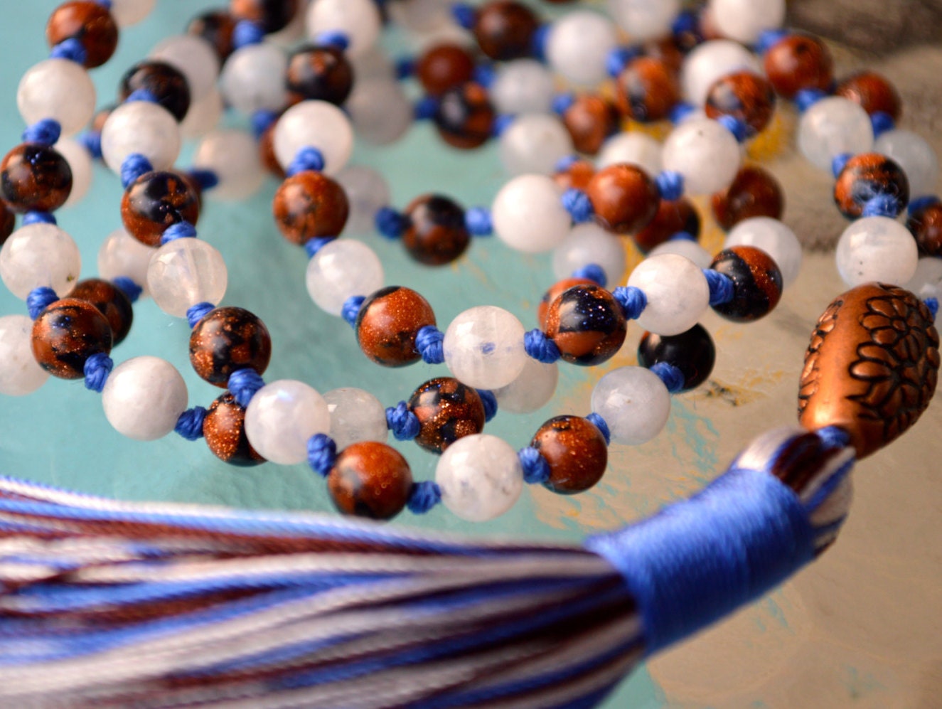 Moonstone & Goldstone Hand Knotted Mala Beads Necklace - Karma, Nirvana, Meditation 8mm 108 Prayer Beads For Chanting and Awakening Chak