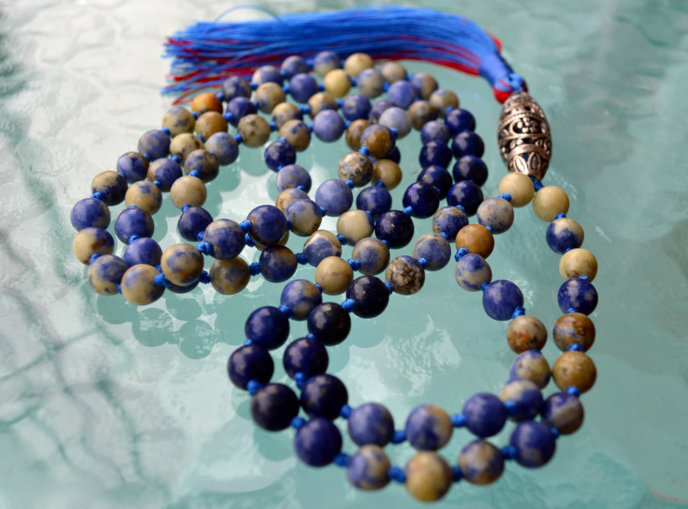 Sodalite 108 Hand Knotted Mala Buddhist Beads Necklace - Energized Karma Nirvana Meditation 8mm Prayer Beads For Awakening Chakra Kundalini