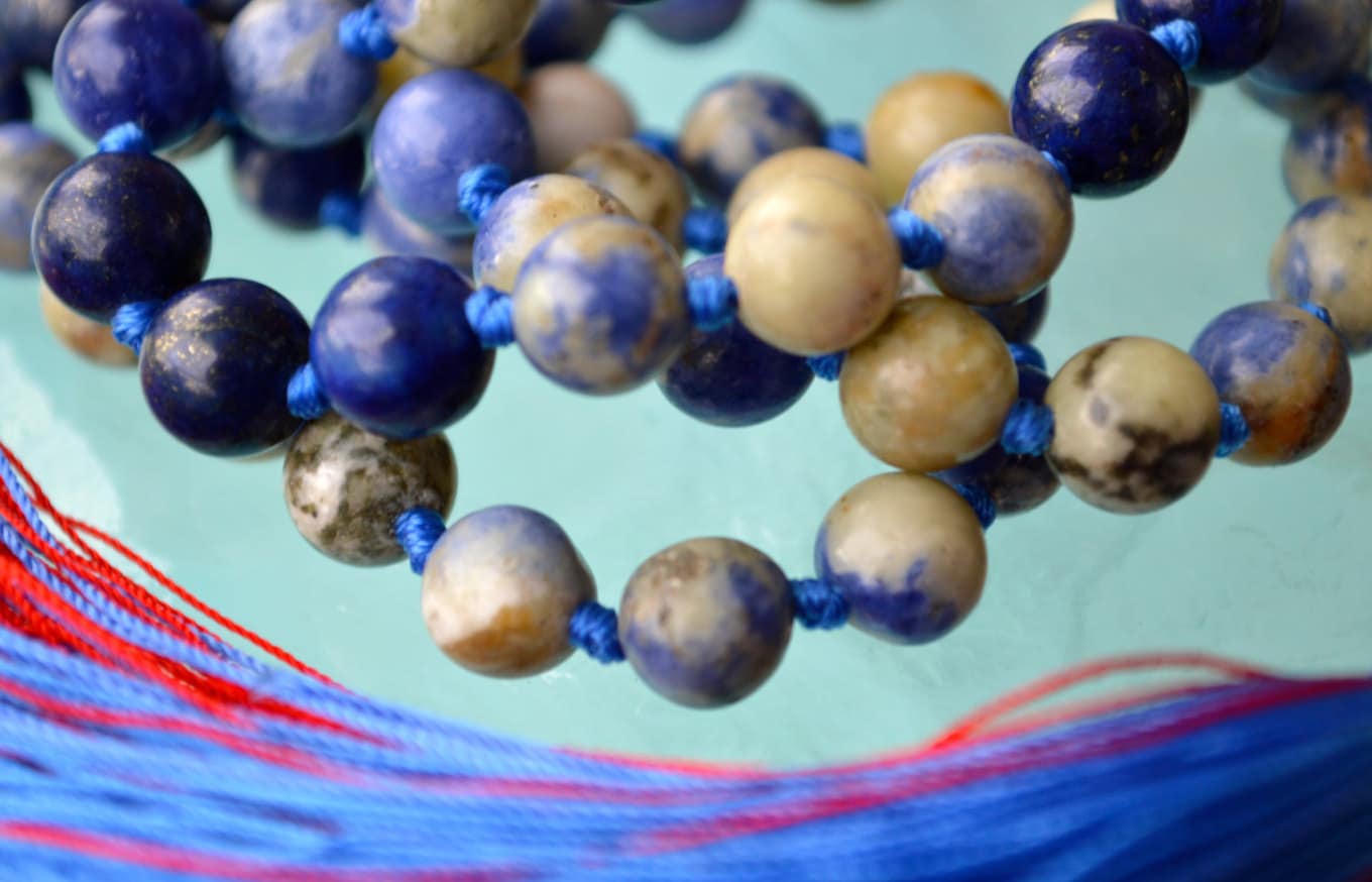 Sodalite 108 Hand Knotted Mala Buddhist Beads Necklace - Energized Karma Nirvana Meditation 8mm Prayer Beads For Awakening Chakra Kundalini