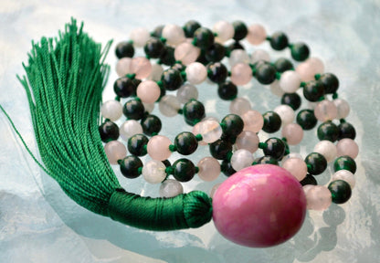 Rose Quartz, Moonstone & Malachite Mala Necklace | GAIA Collection