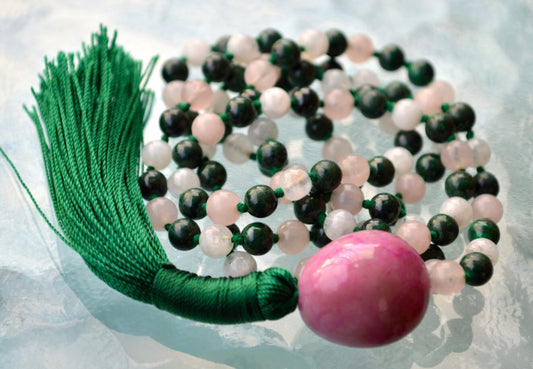 Rose Quartz, Moonstone & Malachite Mala Necklace | GAIA Collection