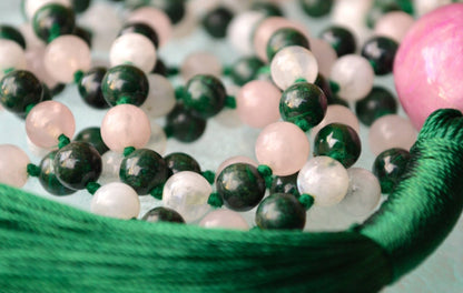 Rose Quartz, Moonstone & Malachite Mala Necklace | GAIA Collection