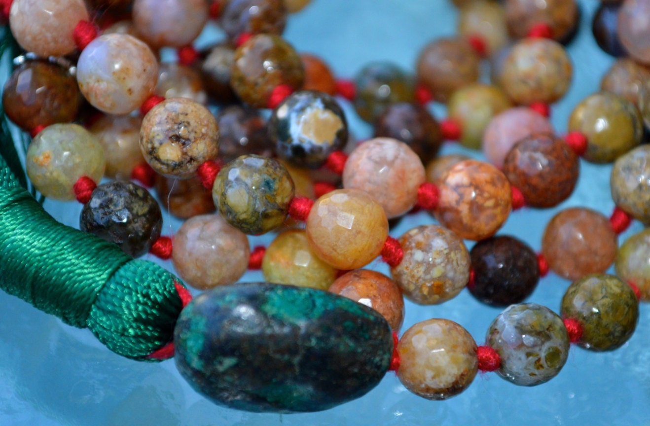 Chalcedony Faceted Natural Rainbow Agate Buddhist Mala Beads Protection from Bad Dreams, Stress, Energy drains, Gyneo problems, Pregnancy