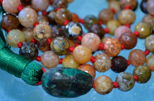 Chalcedony Faceted Natural Rainbow Agate Buddhist Mala Beads Protection from Bad Dreams, Stress, Energy drains, Gyneo problems, Pregnancy