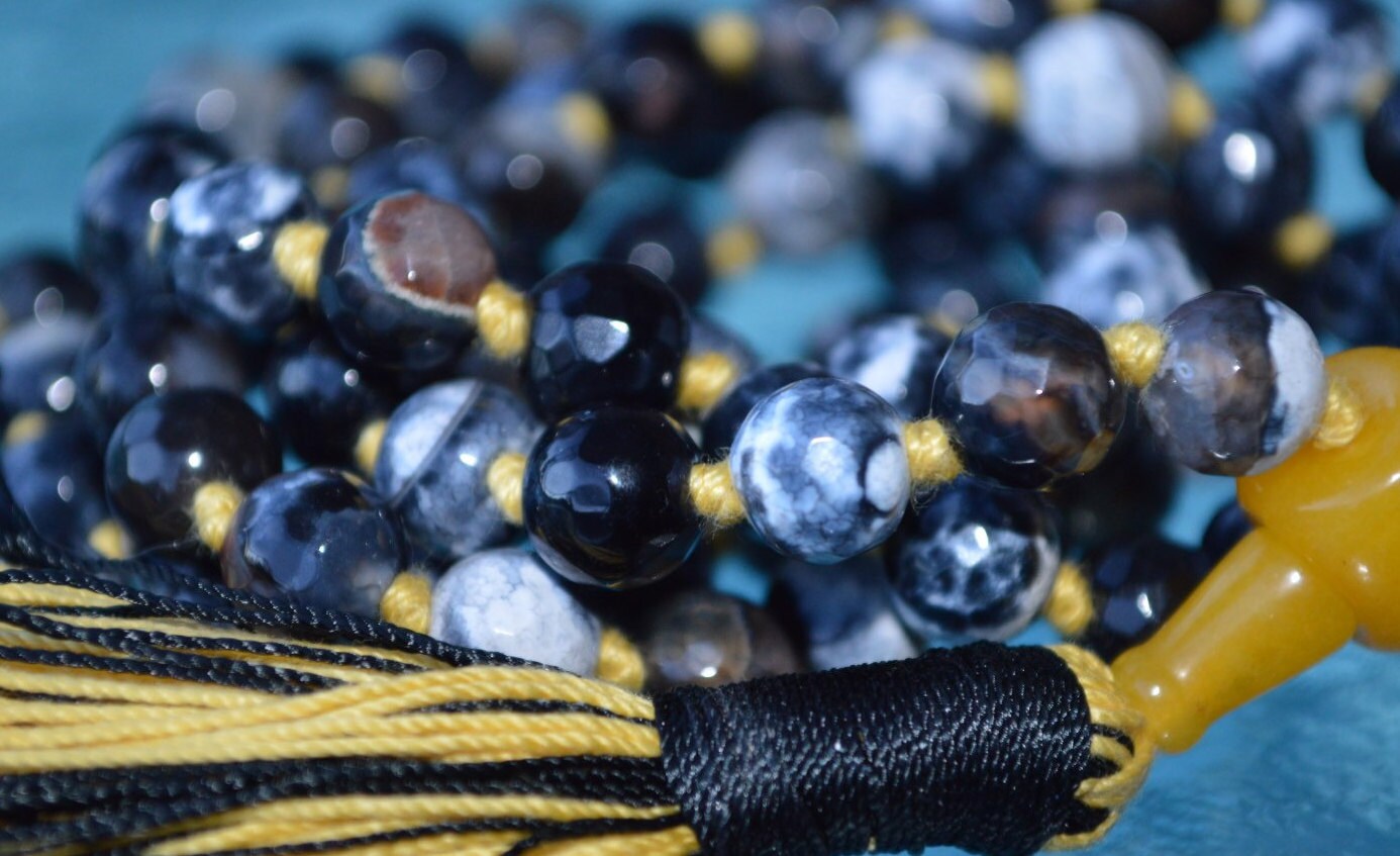Natural Fire Agate Dragon Vein, Lava & Black Onyx Hand Knotted Mala Beads Necklace - Meditation Chanting Rosary 8mm 108 Prayer Beads