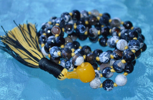 Natural Fire Agate Dragon Vein, Lava & Black Onyx Hand Knotted Mala Beads Necklace - Meditation Chanting Rosary 8mm 108 Prayer Beads