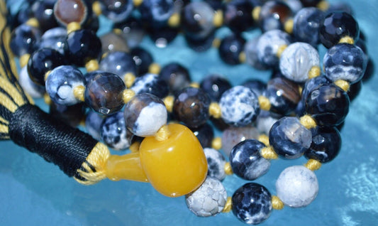 Natural Fire Agate Dragon Vein, Lava & Black Onyx Hand Knotted Mala Beads Necklace - Meditation Chanting Rosary 8mm 108 Prayer Beads