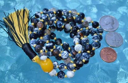 Natural Fire Agate Dragon Vein, Lava & Black Onyx Hand Knotted Mala Beads Necklace - Meditation Chanting Rosary 8mm 108 Prayer Beads