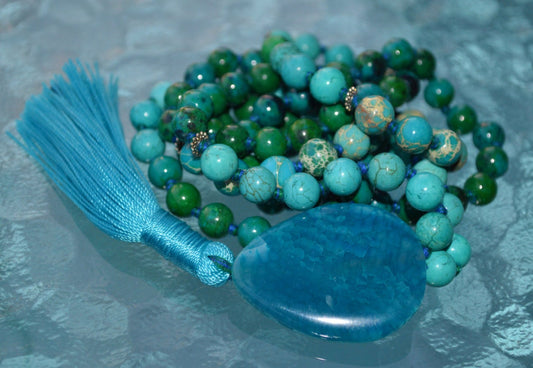 108 Turquoise Imperial Jasper Mala Beads Necklace Meditation 108 Prayer Beads Yoga Necklace, AAA Blue Sea Sediment Mala,  Healing Crystals