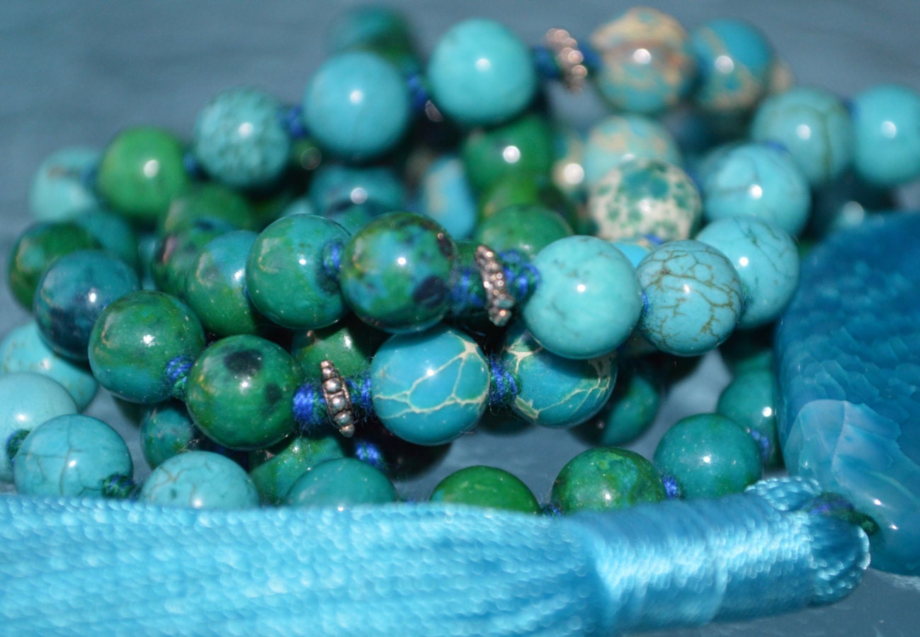 108 Turquoise Imperial Jasper Mala Beads Necklace Meditation 108 Prayer Beads Yoga Necklace, AAA Blue Sea Sediment Mala,  Healing Crystals